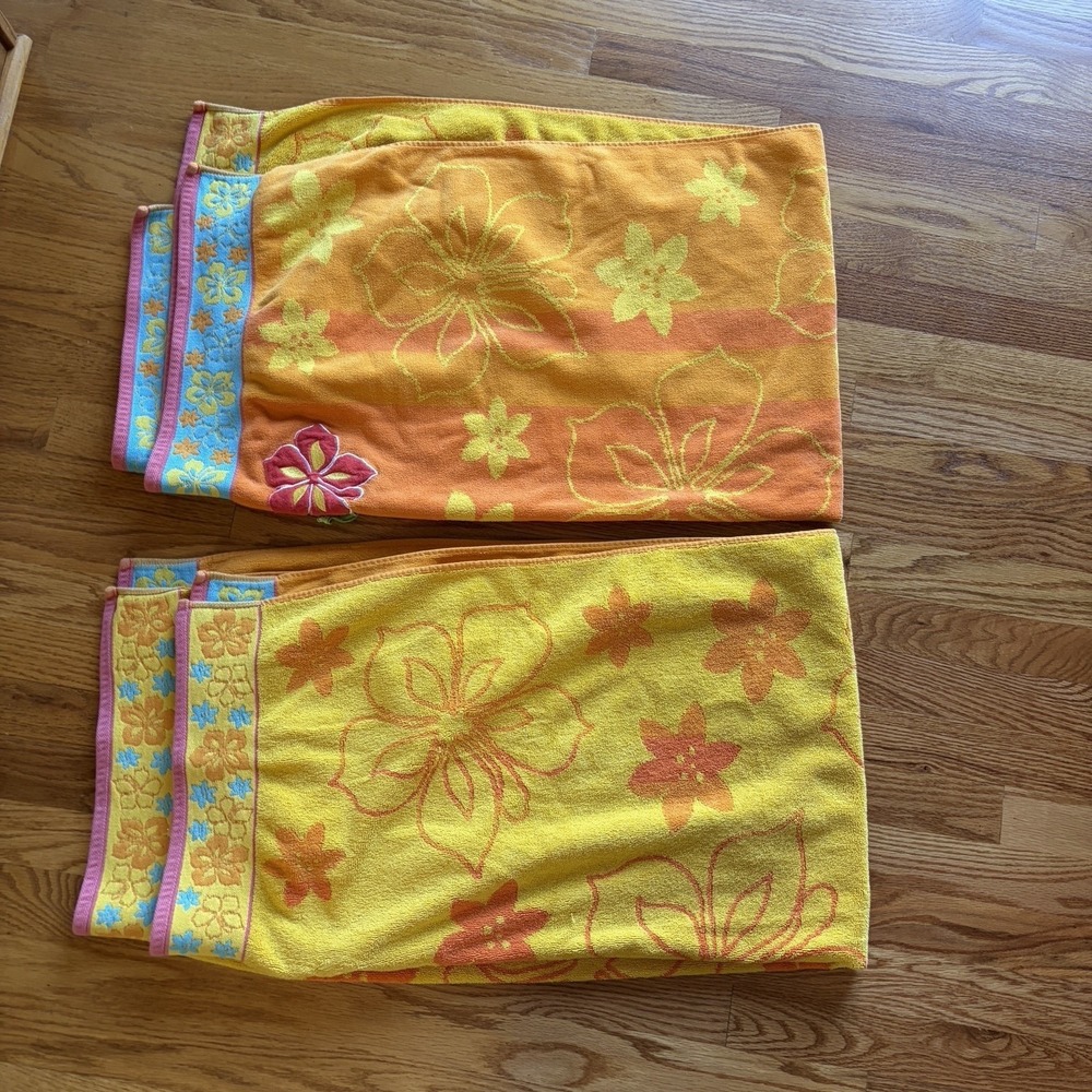 2 Vintage 90s Hibiscus Beach Towels Multicolor Embroider Appliqué Tropical‎ Boho - Picture 2 of 16